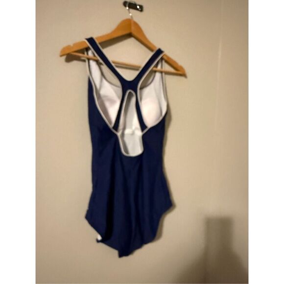 Speedo Women's Size L One Piece Swimsuit Dark Blue Sporty Keyhole Racerback - Picture 5 of 7